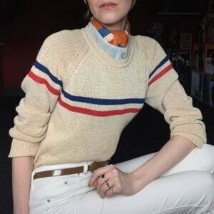 Ines de la Fressange Uniqlo Sweater Paris Japan Size XL Red Navy Stripe on Beige